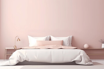 Fototapeta na wymiar Modern bedrroom with monochrome pastel blush pink empty wall. Contemporary interior design with trendy wall color, bed and pillows. Generative AI.