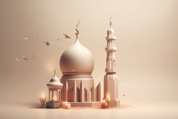 Happy Islamic new year. new lunar Hijri year, with crescent, gold podium, arabic lantern mosque, 1440. Creative photo, poster or banner, greeting card, copy space. Moon. Generative AI