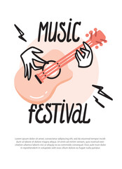 Music Festival. Playing the guitar, acoustic concert, live music. Poster, flyer, advertising, announcement. Vector simple cartoon style, Paty.