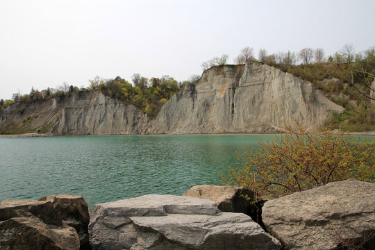 Spring landscape with lake and bluffs