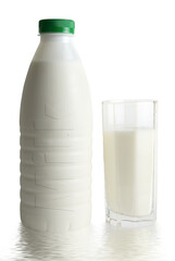 fresh bottle of milk with reflection isolated over white background
