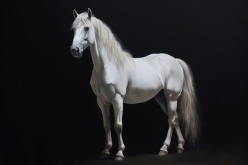 Naklejka na ściany i meble Portrait white horse on dark background. Generative AI