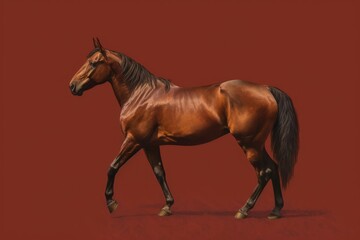 Portrait brown horse on dark red background. Generative AI