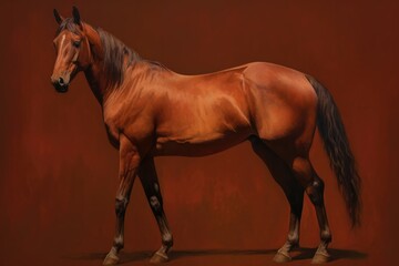 Portrait brown horse on dark red background. Generative AI