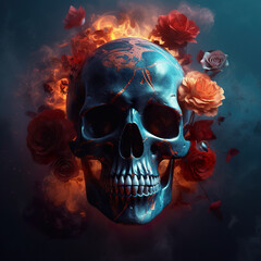 A blue skull surrounded by flowers and smoke. Generative AI.