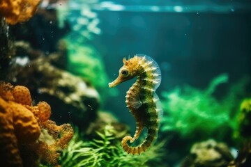 Fototapeta na wymiar detailed close-up view of a seahorse swimming in an aquarium Generative AI