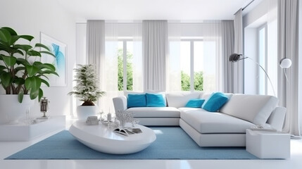 A white living room with a blue rug. Generative AI.