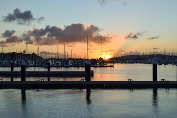Obraz na płótnie Canvas Sunset over Westhaven Marina in Auckland, New Zealand