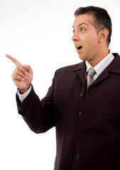 Man pointing on isolated white background