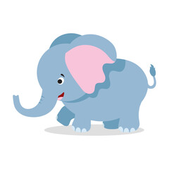 Funny blue elephant with long trunk and big ears. Cartoon wild animal. Zoo concept. Flat vector design for kids print, sticker or toy store logo
