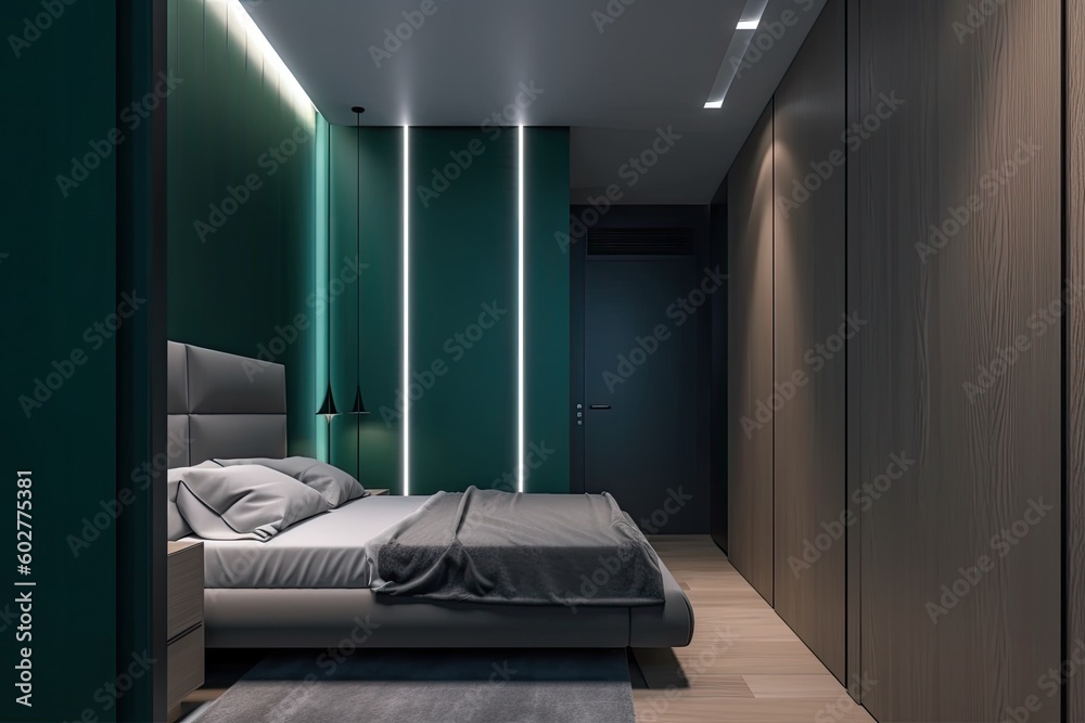 Poster spacious bedroom with a king-sized bed and a vibrant green accent wall Generative AI