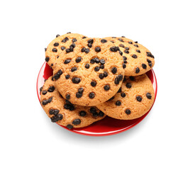 Plate of tasty cookies with chocolate chips on white background