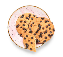 Plate of tasty cookies with chocolate chips on white background