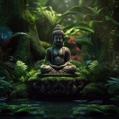 A green Zen environment has a Buddha statue. (Generative AI)