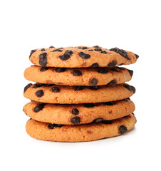 Stack of tasty cookies with chocolate chips on white background