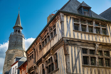 Fototapeta na wymiar Street with half-timbered houses in Dinan city center, Brittany, France