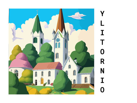 Ylitornio: Vintage travel poster with an Finnish landscape and the title Ylitornio