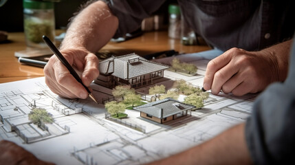 Fototapeta premium Architecte moderne, création maison, bâtiment, futur, dessin sur plan 