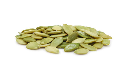 Raw shelled pumpkin seeds close-up isolated on white background. Healthy vegetarian snack, cooking ingredient.    