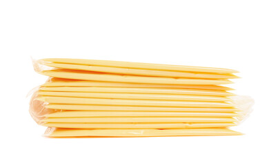 Slices of tasty processed cheese on white background