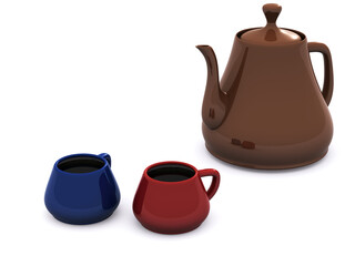 teapot with cups . 3d dishware