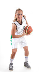 Naklejka premium Attractive female basketball player, isolated on white background