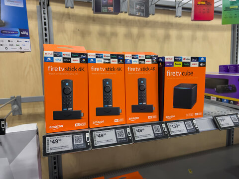 Lynnwood, WA USA - circa March 2023: Close up view of Amazon Fire TV Sticks for sale inside a Best Buy store.