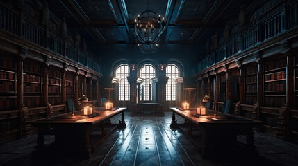 A dimly lit library with bookshelves and a chandelier. Generative AI. Dark academia style, victorian style mansion interior design with wooden stairs. - obrazy, fototapety, plakaty