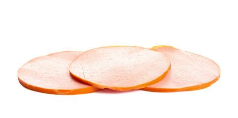 Slices of tasty boiled sausage on white background