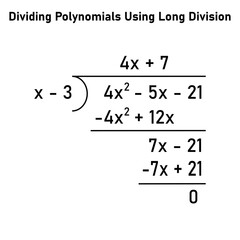 Dividing polynomial expressions in mathematics. Long division of polynomials. Math resources for teachers. Division, quotient, dividend and remainder.