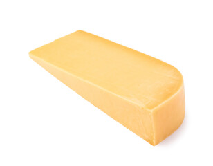 Piece of tasty cheddar cheese on white background