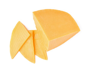 Pieces of tasty cheddar cheese on white background