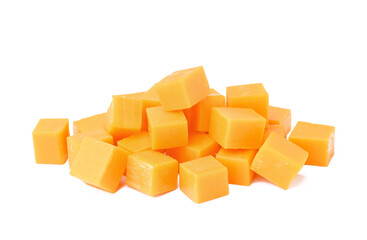 Cubes of tasty cheddar cheese on white background