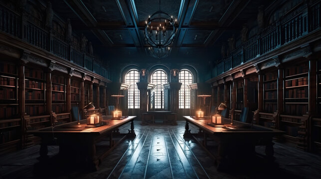 A dimly lit library with bookshelves and a chandelier. Generative AI. Dark academia style, victorian style mansion interior design with wooden stairs.