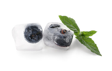 Fresh blueberry frozen in ice cubes and mint on white background