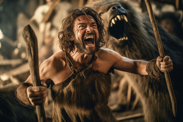 A caveman screams with a beast in the background AI generated image
