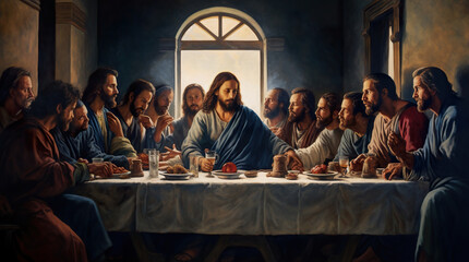 A painting of the last supper of jesus. Generative AI.