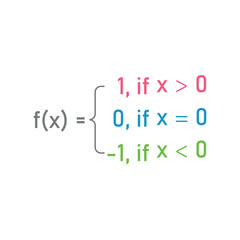 Signum function formula domain and range. Mathematics resources for teachers and students. Vector illustration isolated on white background.
