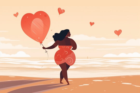 Fat woman with hearth shape balloon in the beach AI generated image