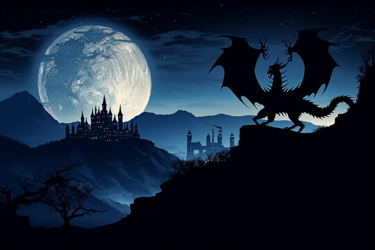Fantasy castle and dragon background AI generated image