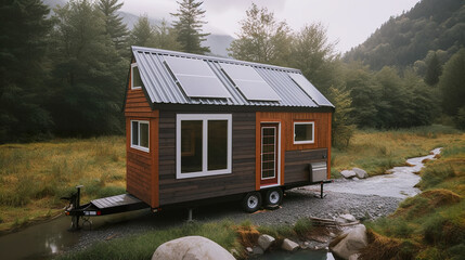 A tiny house with a solar panel on the roof. Generative AI. - obrazy, fototapety, plakaty