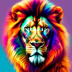 Abstract painting concept. Colorful art of a lion with a crown.