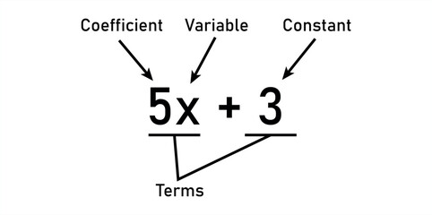 Algebraic expressions parts in mathematics. Coefficient, variable, constant and terms. Parts of an expression. Math resources for teachers.