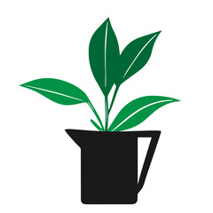 A Green outline hand drawing vector illustration of a decorative plant Dieffenbachia in a gray kettle isolated on a white background
