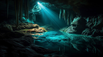 Fototapeta premium A breathtaking cavern illuminated by bioluminescent creatures Generative AI
