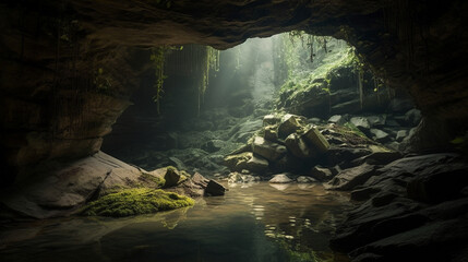 A serene cave with a tranquil stream flowing through it Generative AI