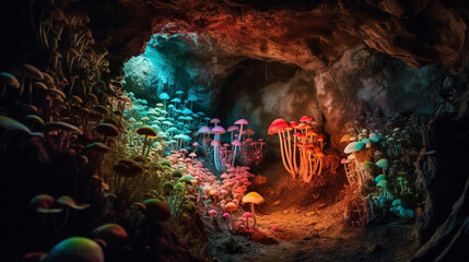Fototapeta na wymiar An otherworldly cave adorned with glowing mushrooms and vibrant flora Generative AI