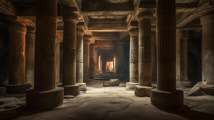 A grand underground chamber with towering columns and ancient ruins Generative AI - obrazy, fototapety, plakaty