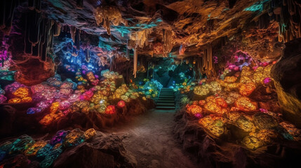 A magical cave covered in vibrant, glowing crystals Generative AI