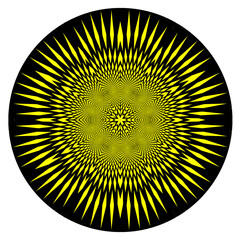schwarze kreisfläche mit einem feingliedrigen rotationssymmetrischen gelben muster, mandala, modern art,